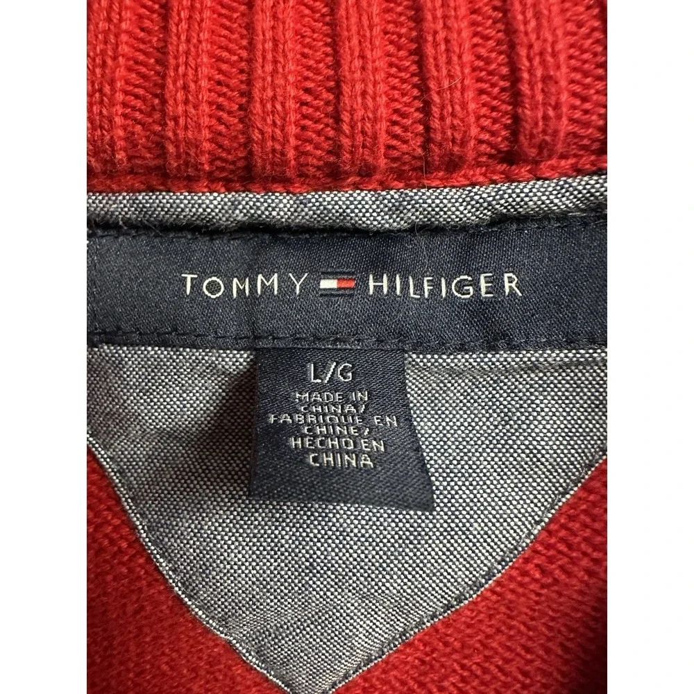 VTG Tommy Hilfiger 1/4 Zip Mens Largeee Sweater Pullover Red Embroidered Fleece
